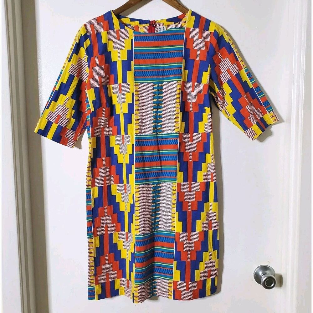 Osei-Duro Sheath Dress Size M Geometric Print Cotton 3/4 Sleeve Mini